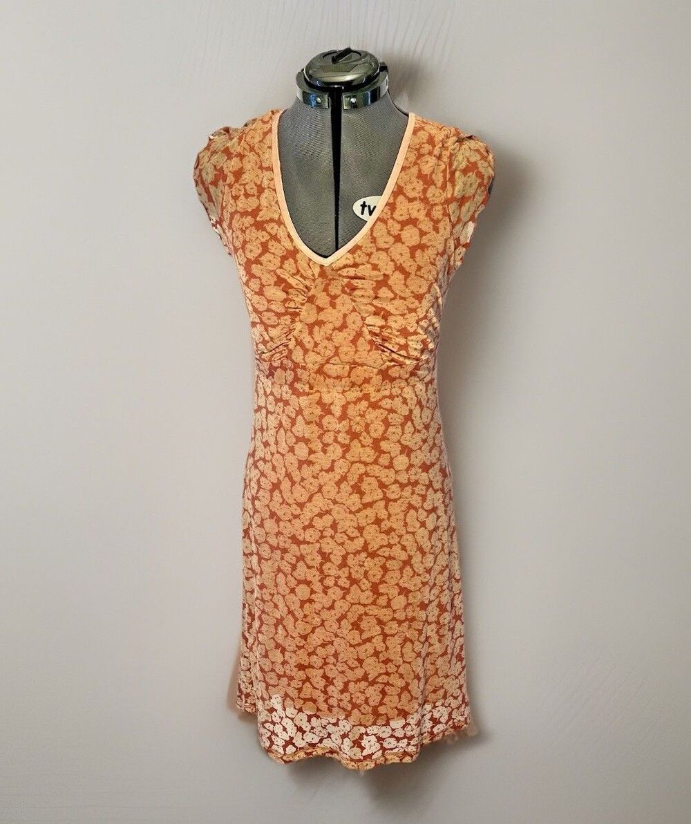 Free People Burnt Orange Floral Dress Women's Small V Neck Cap Sleeve Lined